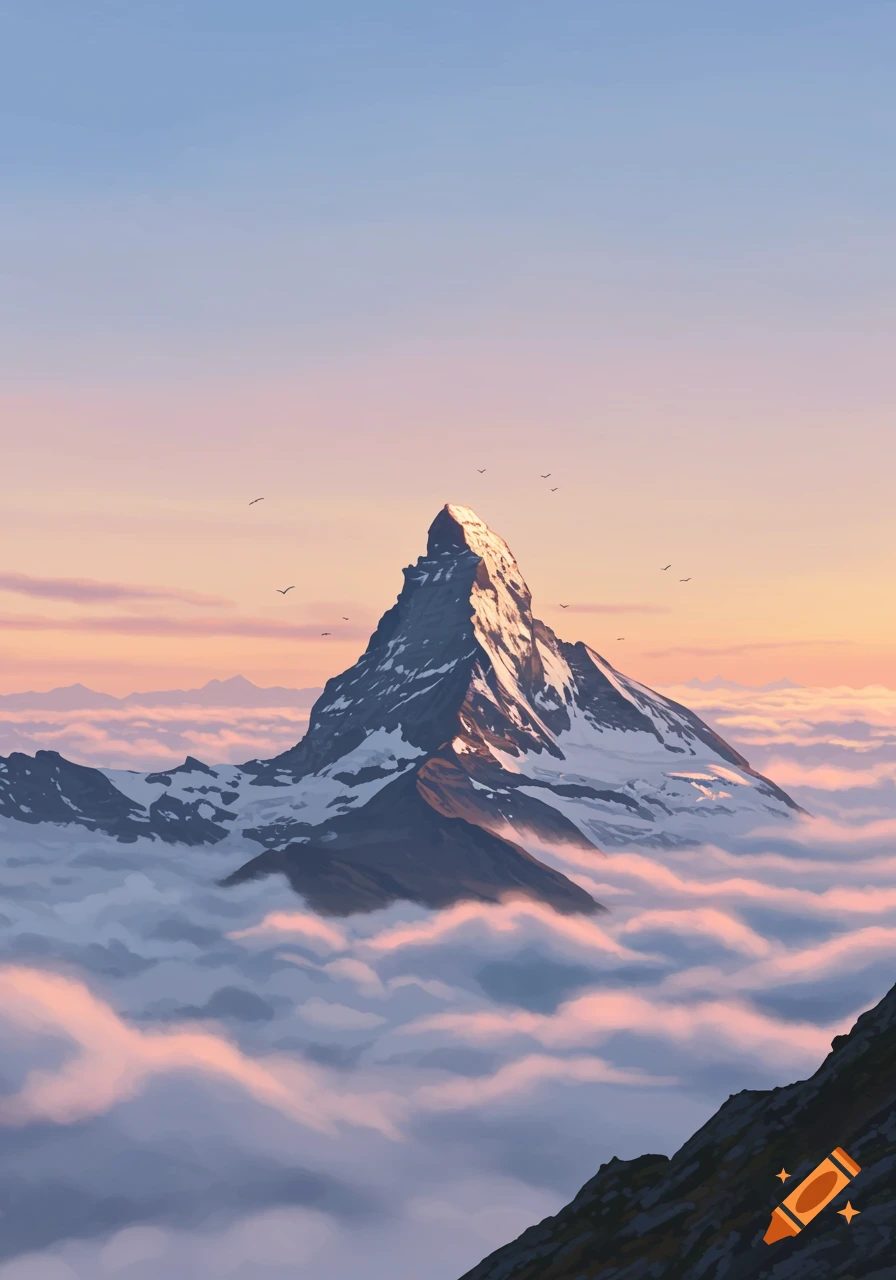 A majestic mountain peak, snow-capped and bathed in golden light, rises above a sea of pink and white clouds at sunrise or sunset. Several small birds fly in the pastel-colored sky.