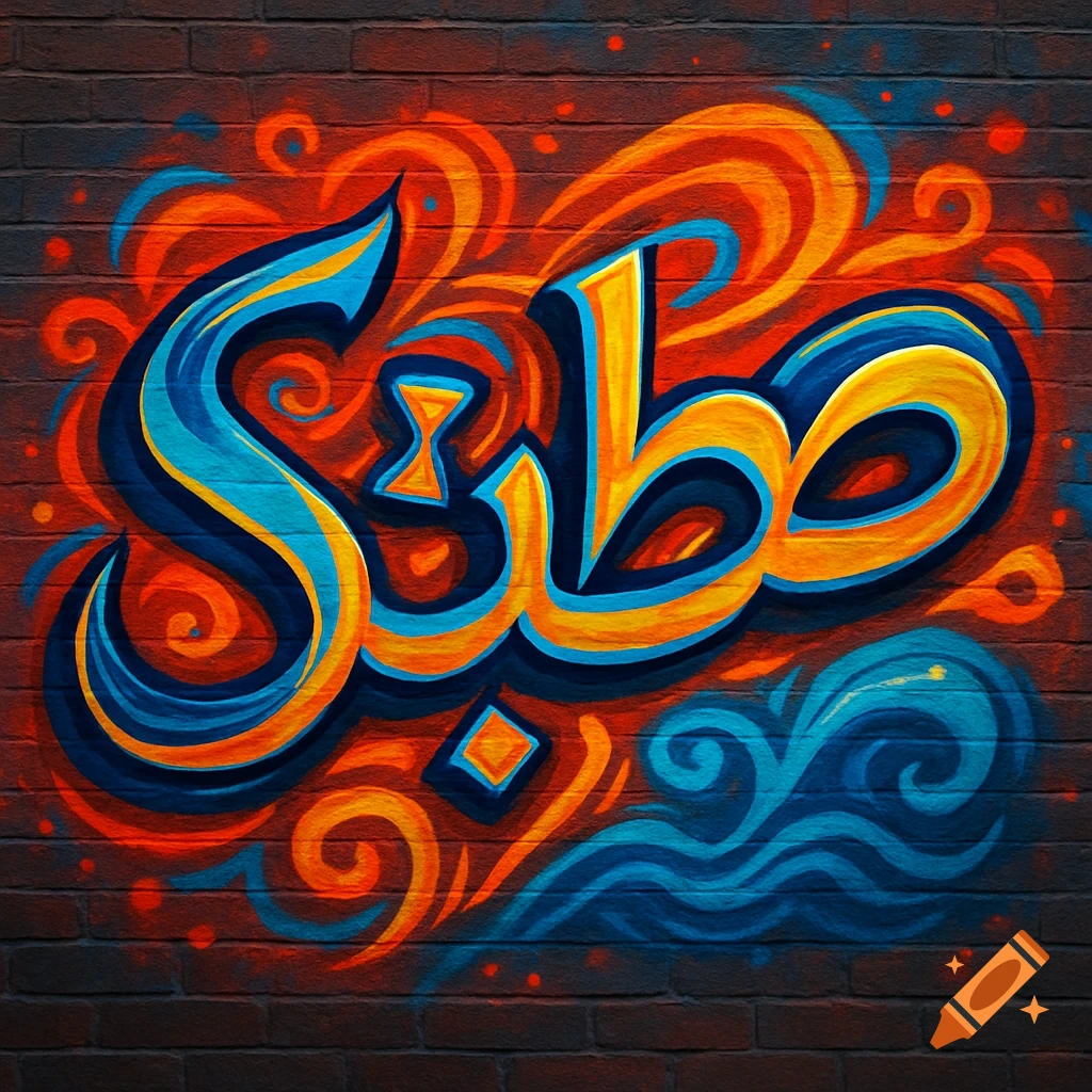 Vibrant blue, orange, and yellow graffiti art depicting the Arabic word 'Sabr' (patience) on a brick wall.