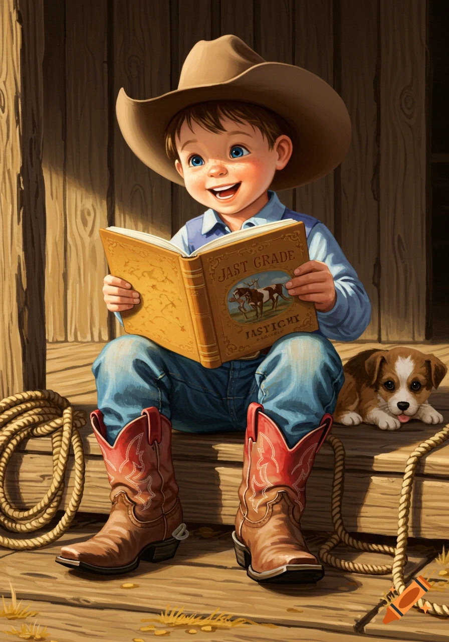 A happy young cowboy boy wearing a hat and red-topped boots sits on a wooden porch, reading a book. A small puppy lies beside him.