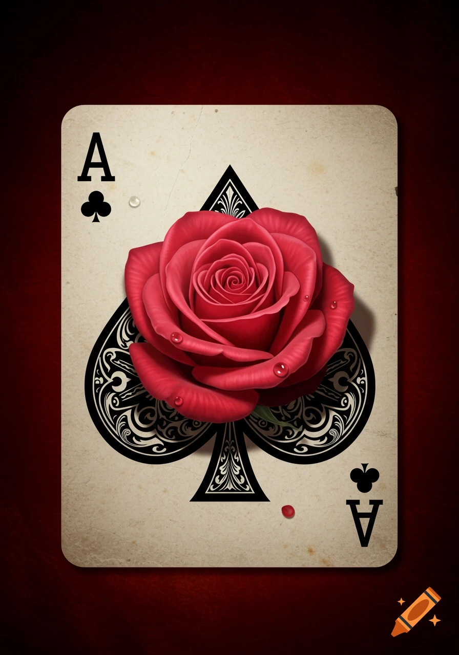 A detailed playing card, an ace of spades, adorned with a vibrant red rose and water droplets, set against a dark red background.