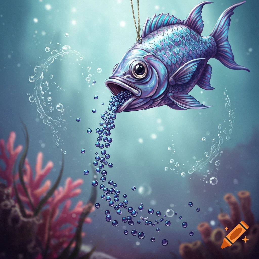 An artistic illustration of a purple and blue fish ornament hanging in water, with blue caviar falling from its mouth.