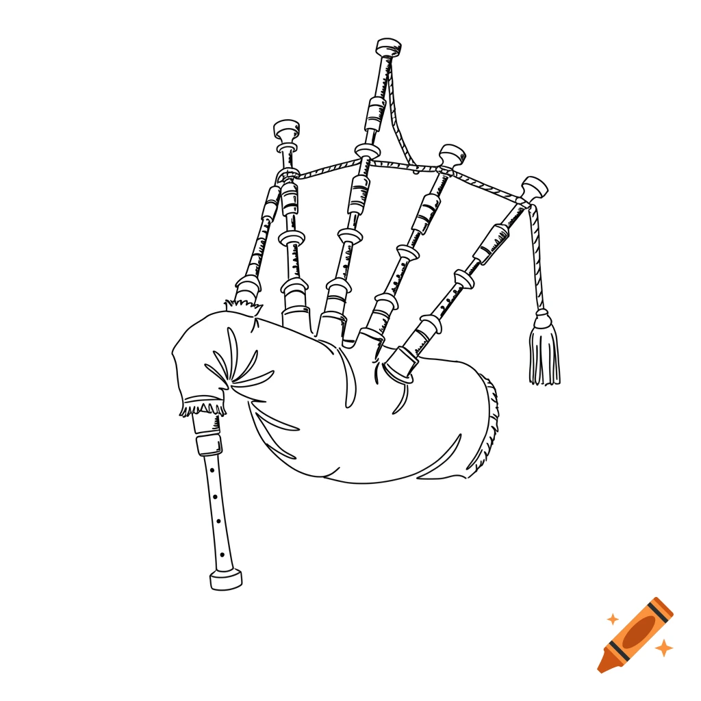 A black and white line drawing of a set of bagpipes.