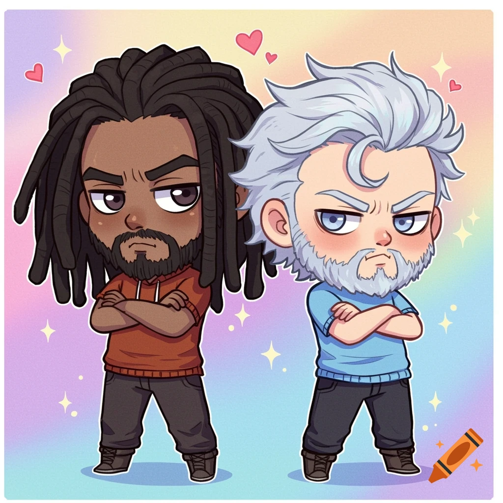 Two grumpy chibi anime men, one with dreadlocks and one with silver hair, standing with crossed arms.