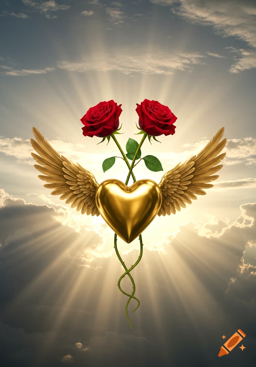 A golden winged heart with two red roses above, their stems intertwined, set against a cloudy sky with sun rays.