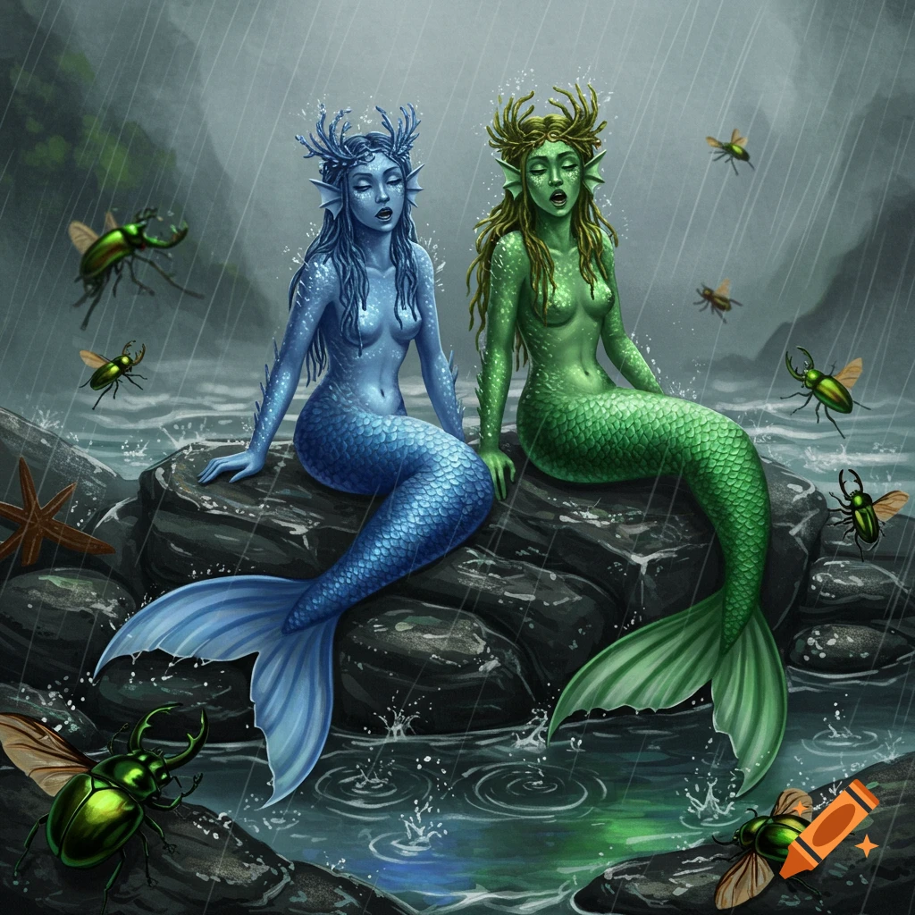 An illustration of a blue mermaid and a green mermaid sitting on rocks in the rain with beetles flying around them.