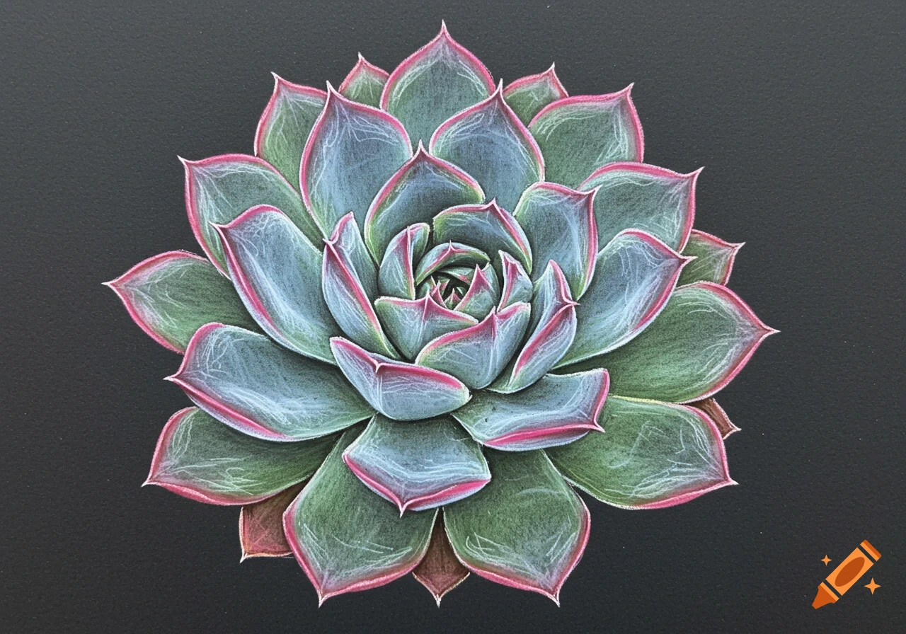 A top-down chalk drawing of an echeveria succulent with blue-green leaves outlined in pink on a black background.