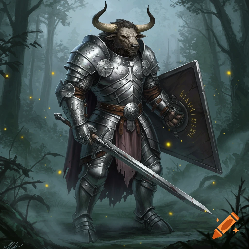 A minotaur knight in silver armor with a large sword and shield stands in a misty, dark forest with glowing fireflies.
