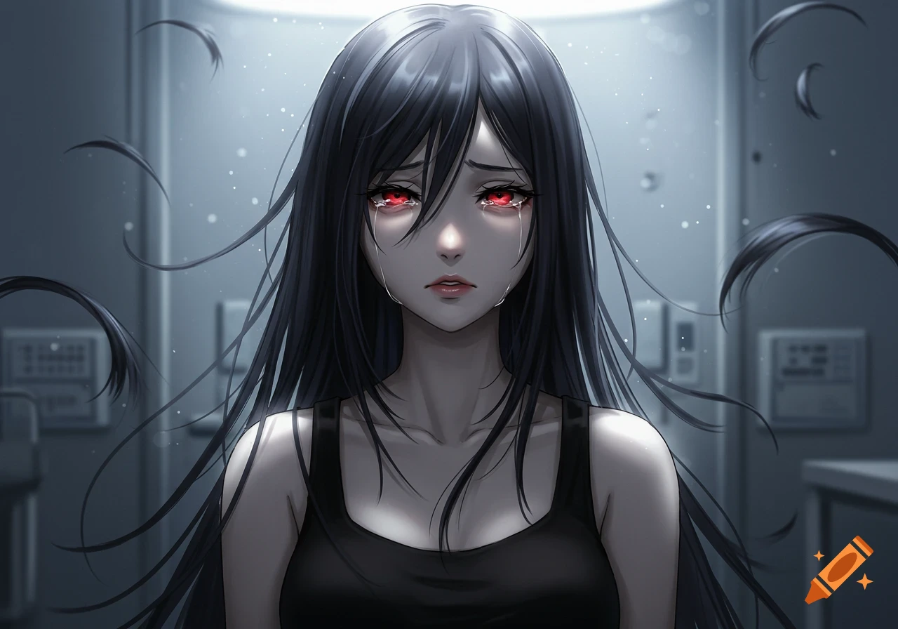 Anime girl with long black hair and bangs, red eyes, weeping in a black tank top.