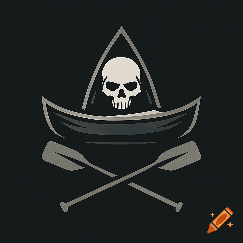 A black and white logo featuring a stylized skull inside a boat or canoe, with two crossed oars below it, set against a dark background.