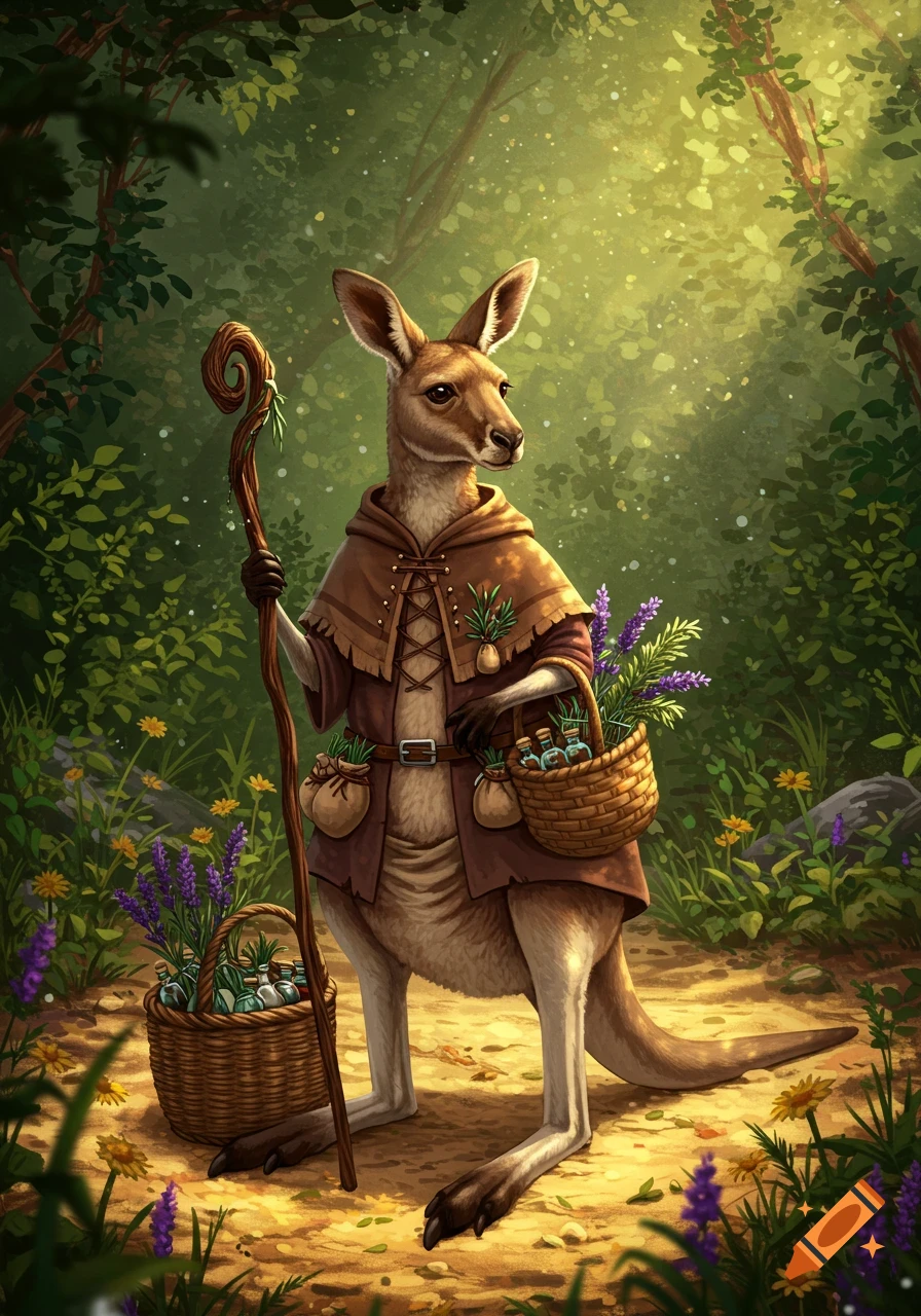 A kangaroo herbalist in a brown hooded robe holds a staff and carries baskets of lavender and potions on a sunlit forest path.