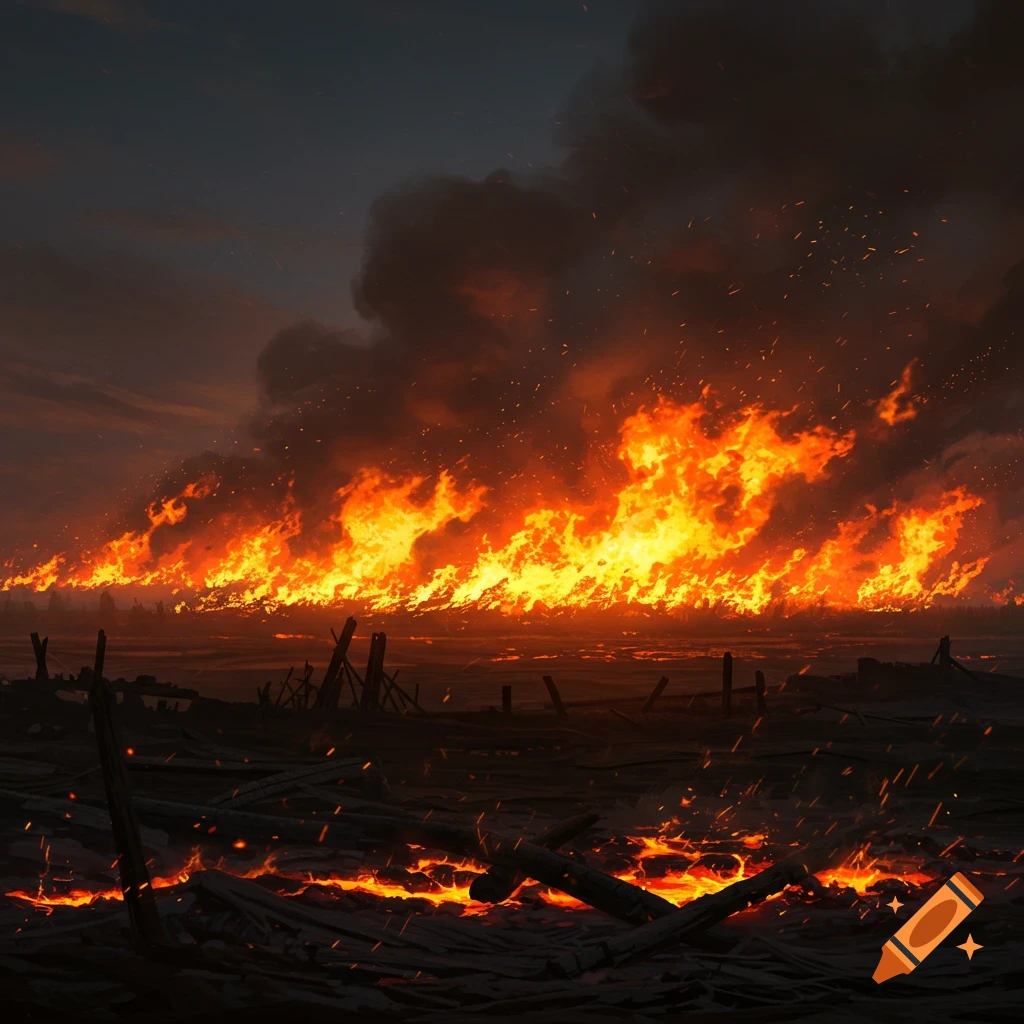 A massive fire rages across a dark landscape under a smoke-filled sky at dusk, with glowing embers in the foreground.