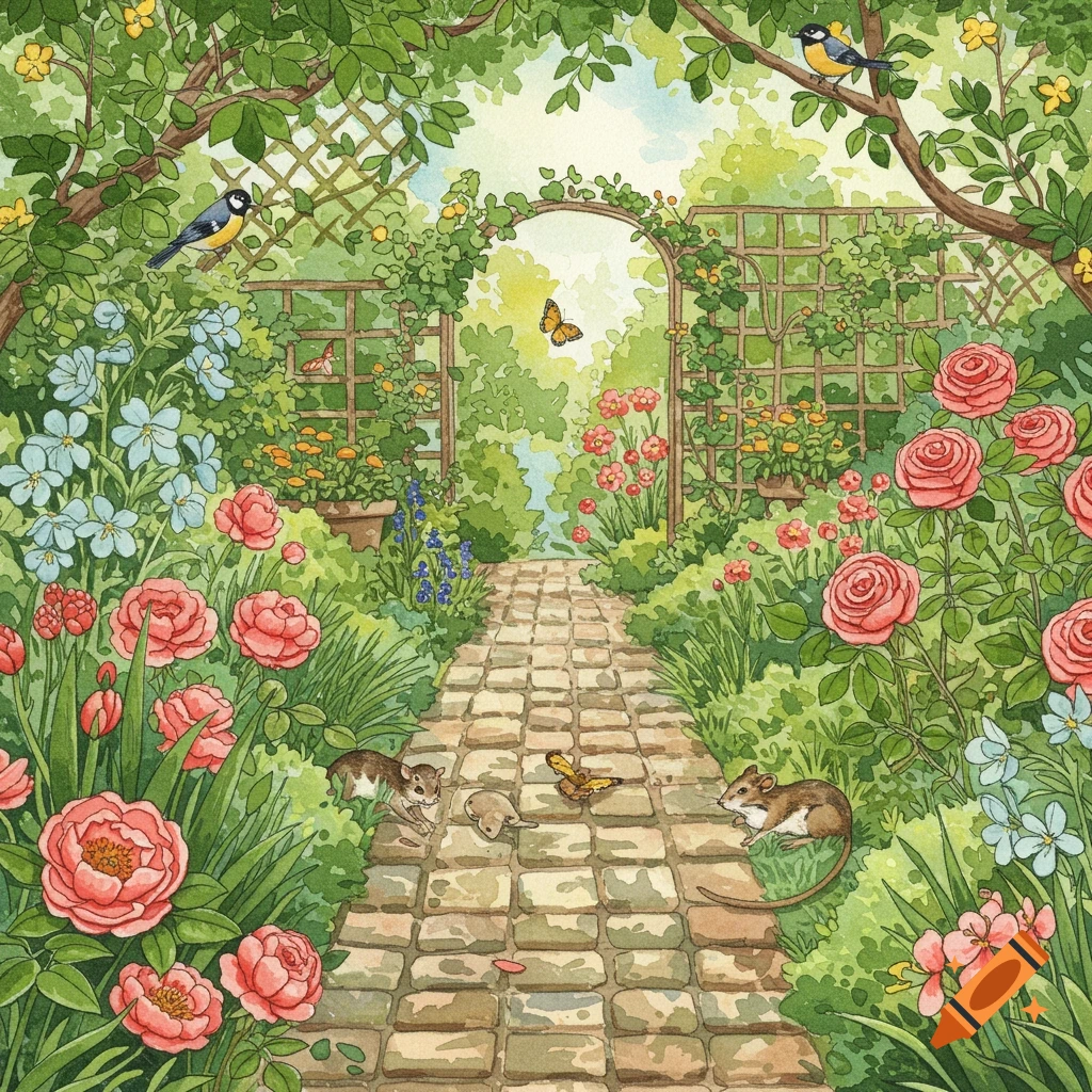 A vibrant watercolor painting of a whimsical garden path lined with colorful flowers, trees, birds, butterflies, and mice.