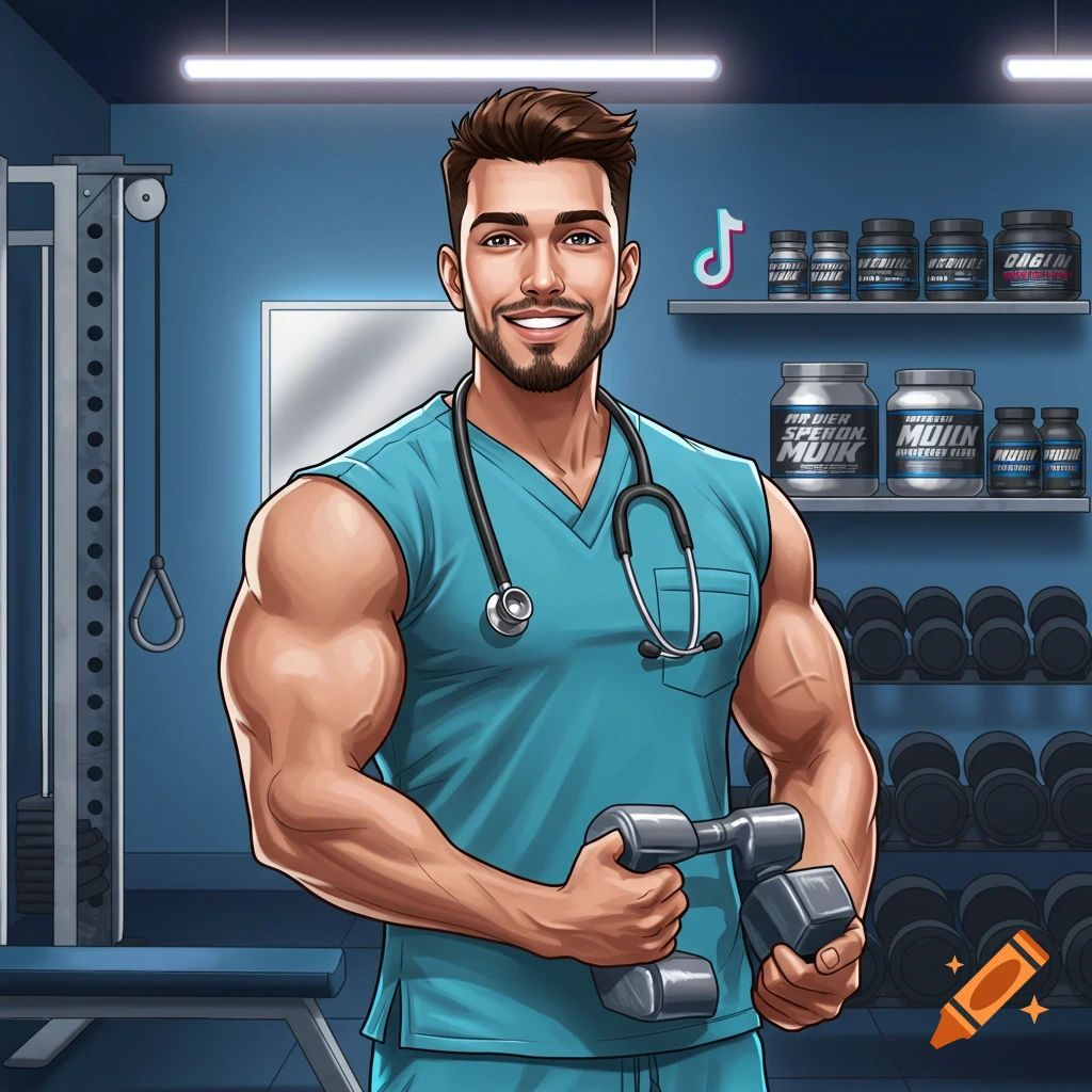 Muscular man in teal scrubs with a stethoscope and dumbbell, in a gym with weights and supplement jars. Cartoon style.