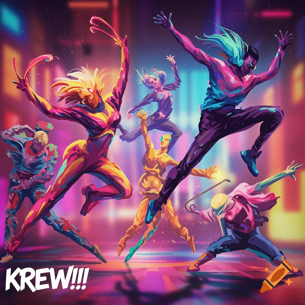 Abstract digital art of six vibrant, stylized figures in dynamic dance poses against a neon city background, with 'KREW!!!' text.
