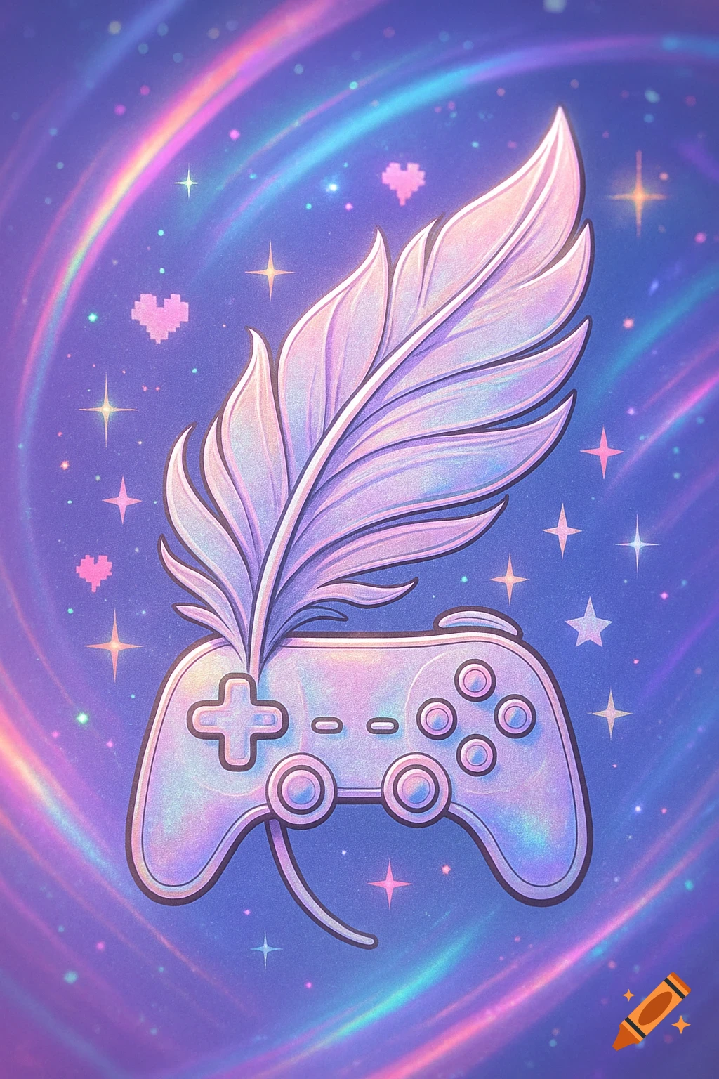 A pastel, glittery digital illustration of a game controller with a large feather, surrounded by colorful light streaks and stars.