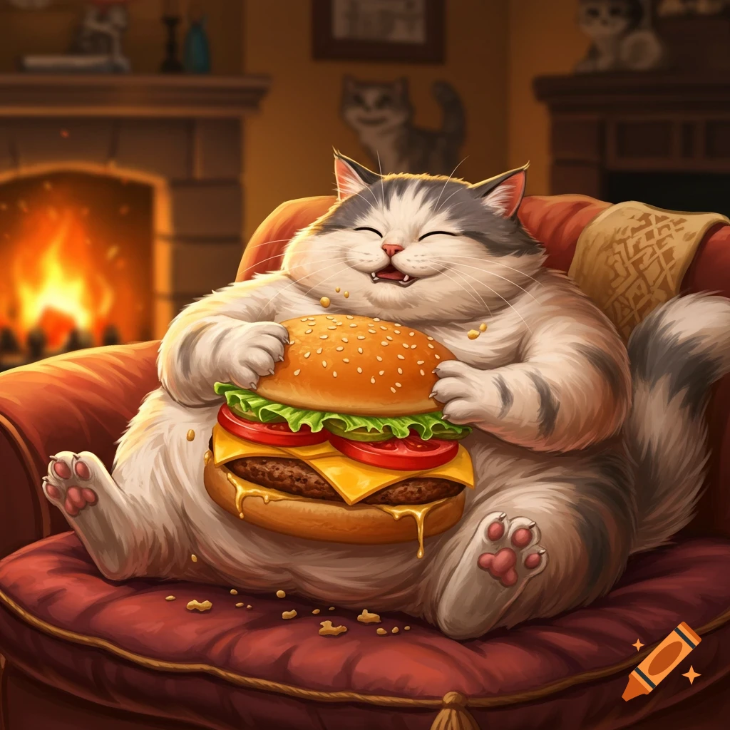 A happy, plump cartoon cat sits on a red armchair, holding and eating a large cheeseburger in front of a fireplace.
