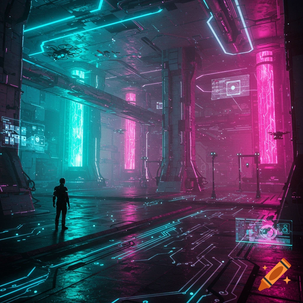 A lone figure stands in a vast, futuristic chamber lit by vibrant neon pink and cyan, with glowing circuit patterns on the floor.
