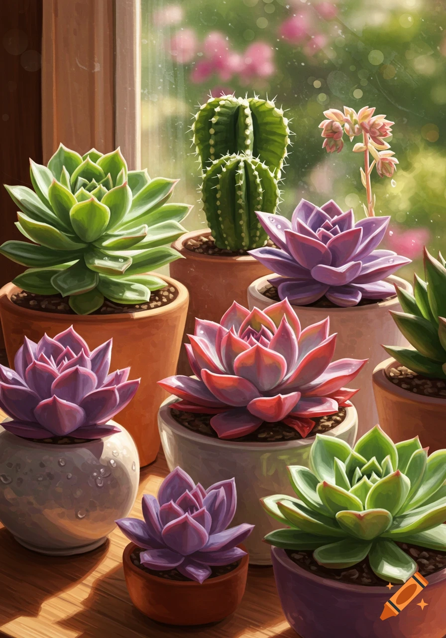 A variety of colorful succulents and cacti in pots on a wooden surface by a sunny window, in a painted style.