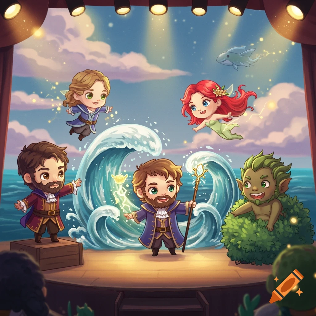 Whimsical chibi characters performing on a stage with a large wave, magical effects, and a dolphin in the sky.