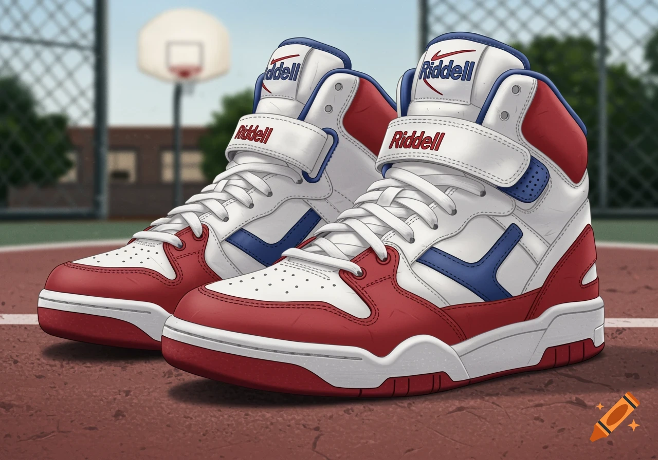 A pair of red, white, and blue high-top Riddell brand sneakers on a basketball court with a hoop in the background.
