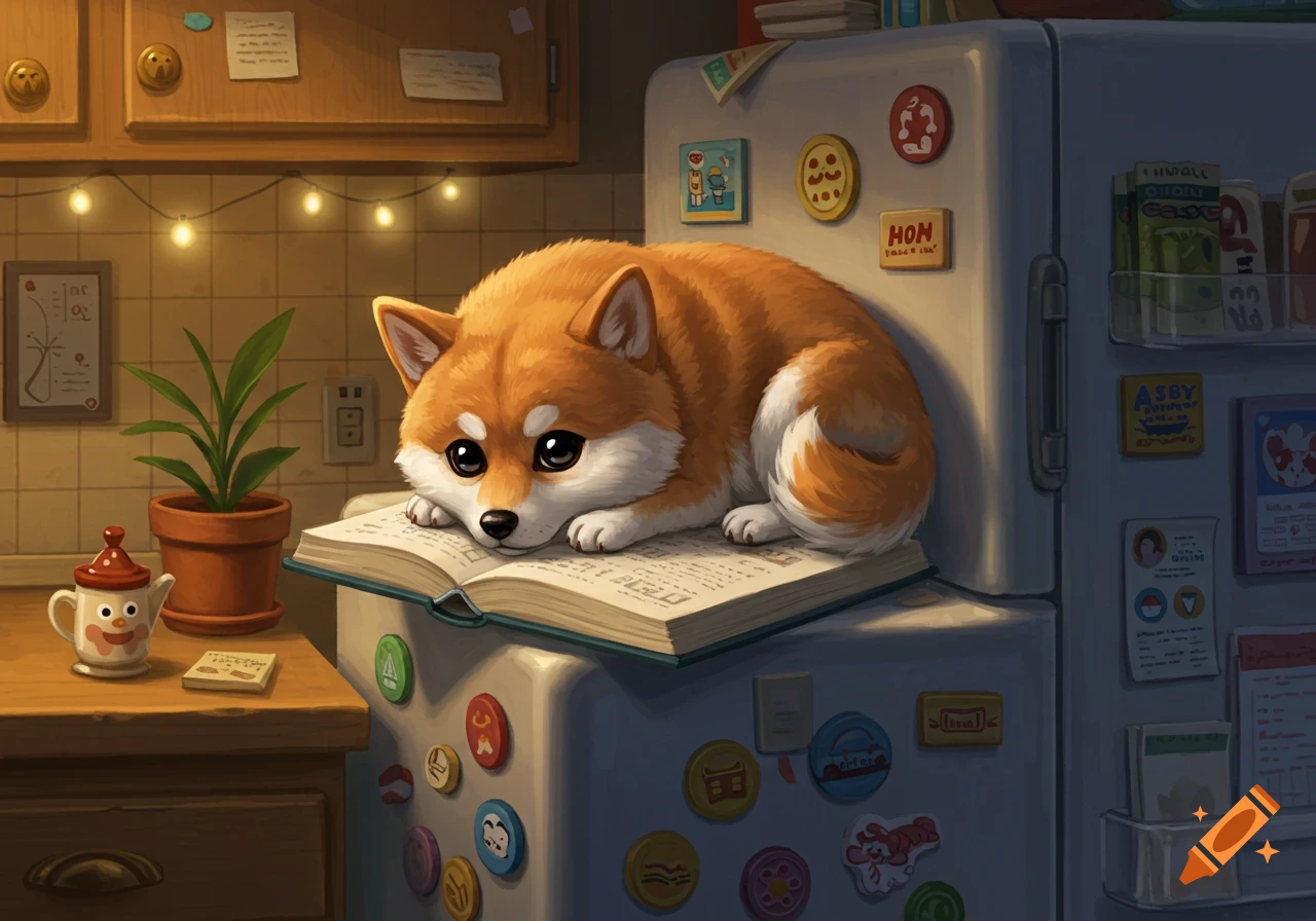 A cute, fluffy, orange-and-white shiba dog is curled up on an open book, which rests on a white refrigerator in a warm kitchen.