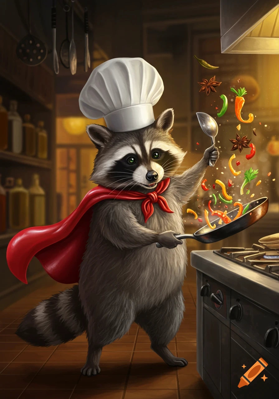 A cartoon raccoon chef wearing a white toque and red cape, cooking in a kitchen, tossing colorful ingredients from a pan.