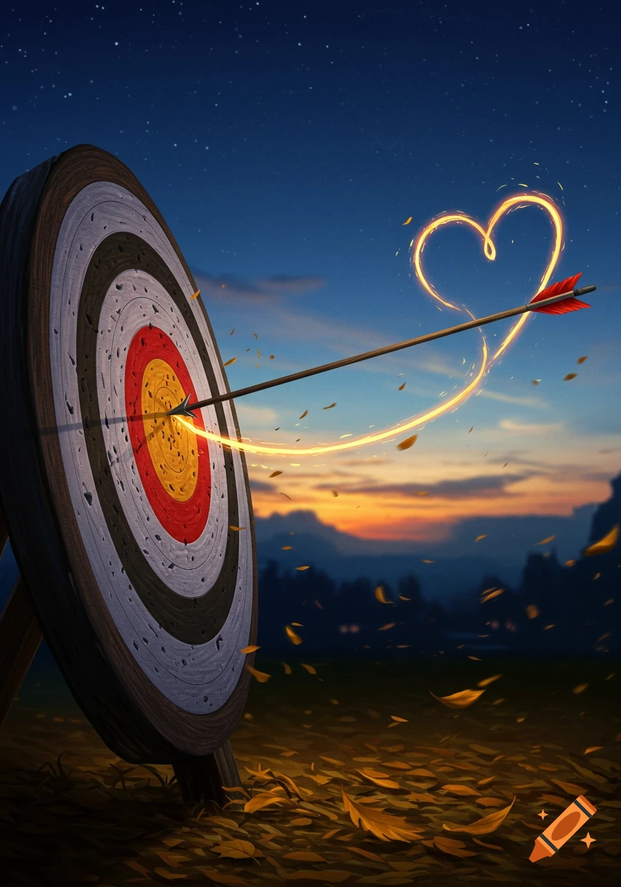 An arrow hits an archery target, leaving a glowing heart-shaped trail at twilight with falling leaves.