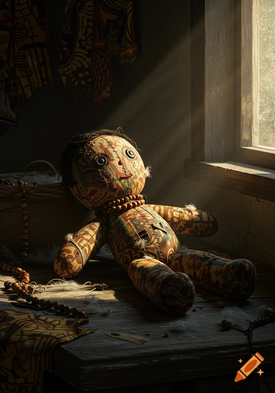 A worn African rag doll with patterned fabric and button eyes sits on a wooden surface in a dimly lit room with sunlight streaming through a window.