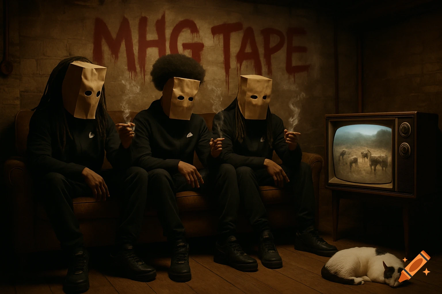 Three masked people on a couch smoke in a dimly lit basement with a cat, a TV showing animals, and 'MHG TAPE' graffiti on the wall.