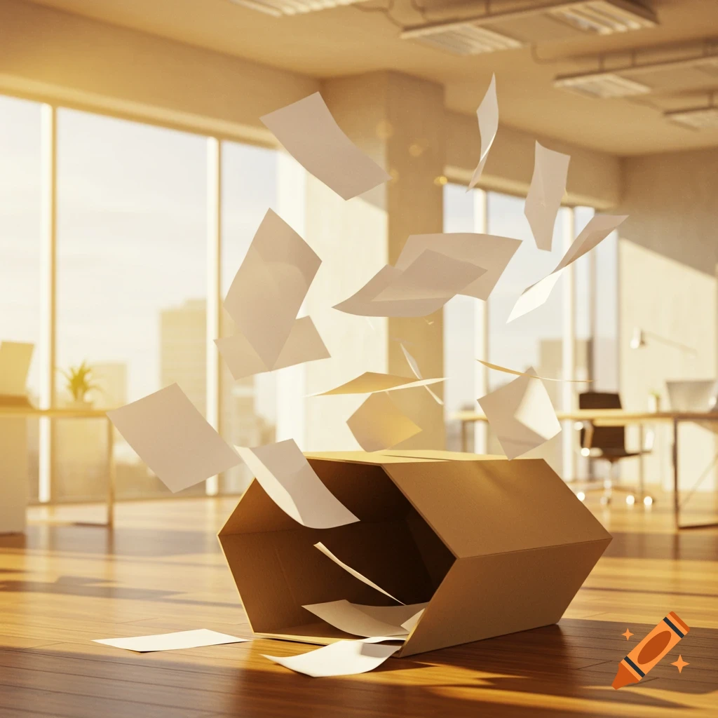 Sheets of white paper spill out of a fallen cardboard box onto a wooden floor in a sunlit office.