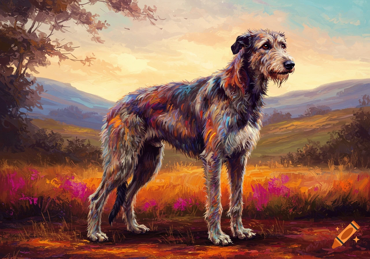 A vibrant, painterly image of a Scottish Deerhound standing in a colorful field at sunset, with hills in the background.