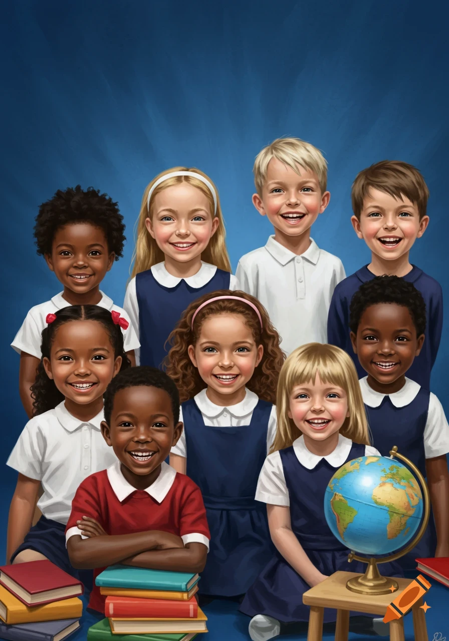 An illustration of a diverse group of smiling children in school uniforms, with books and a globe.