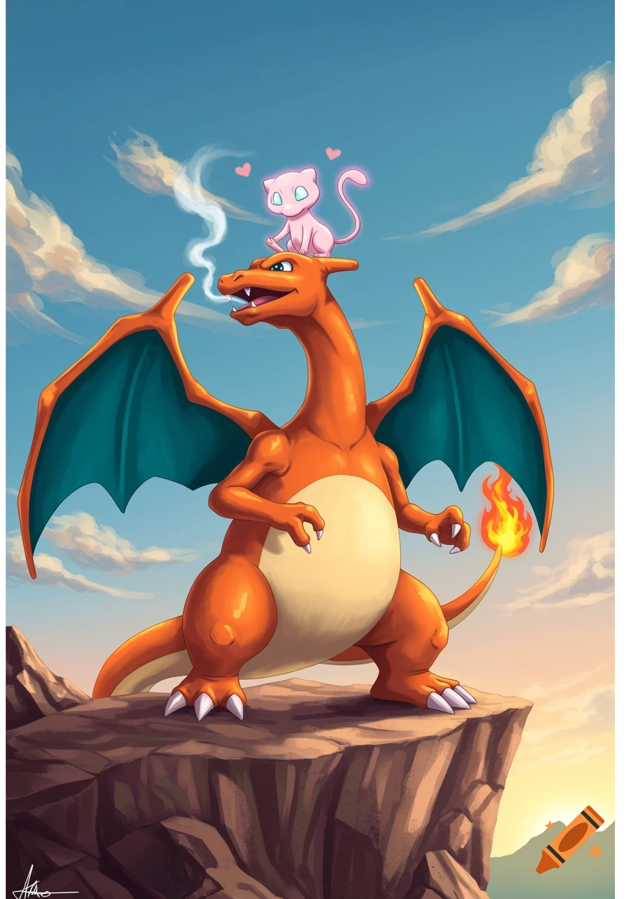 An illustration of an orange Charizard standing on a cliff with a pink Mew perched on its head, under a blue sky.