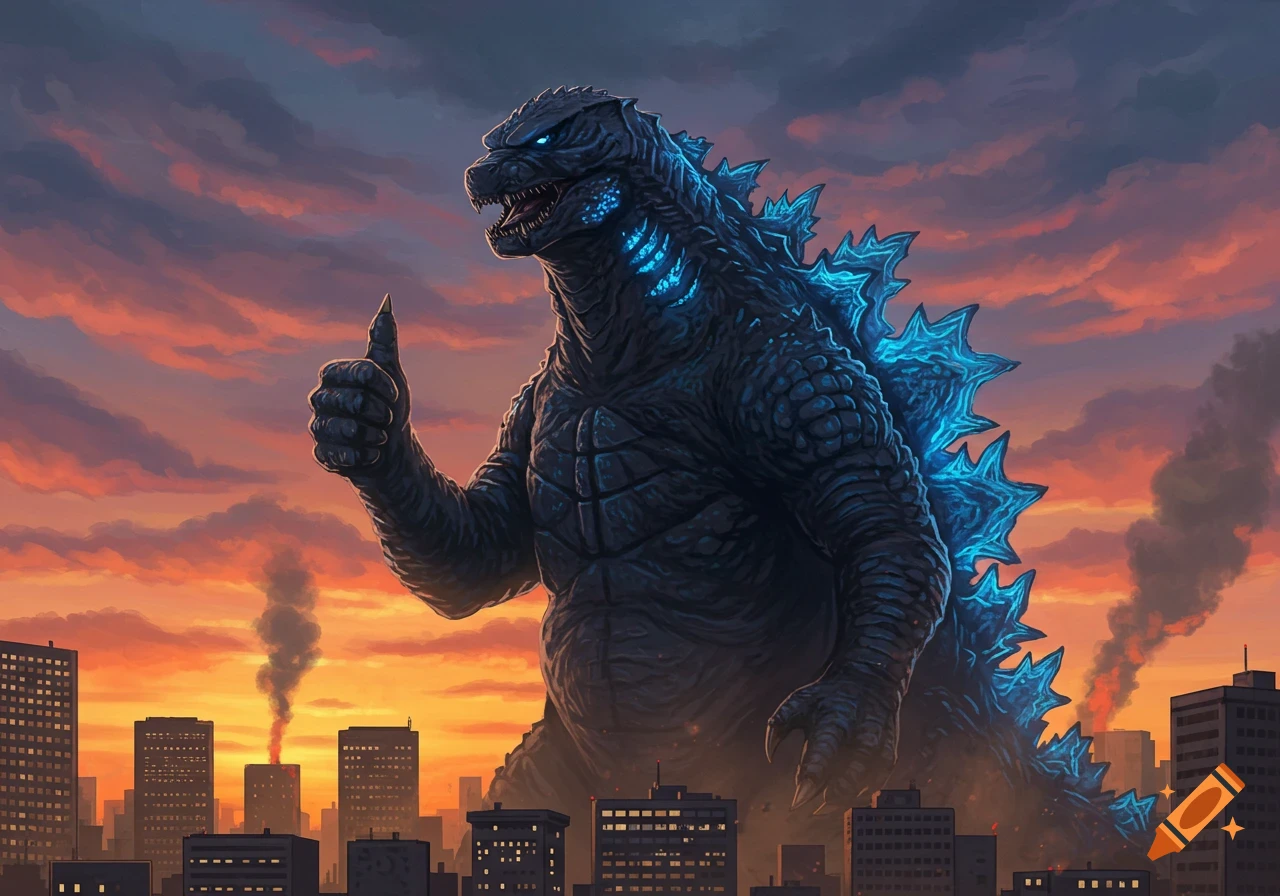 A giant Godzilla towers over a city skyline at sunset, giving a thumbs up with glowing blue dorsal fins.