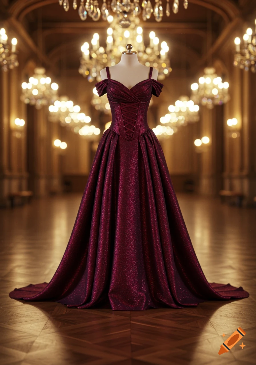 A sparkling burgundy purple gown with off-shoulder straps and a corset waist on a mannequin in a grand, chandelier-lit ballroom.