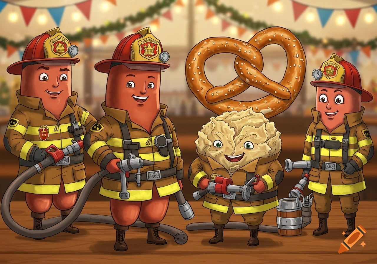 Cartoon sausages, a pretzel, and a potato dumpling character wearing firefighter uniforms at an Oktoberfest celebration.