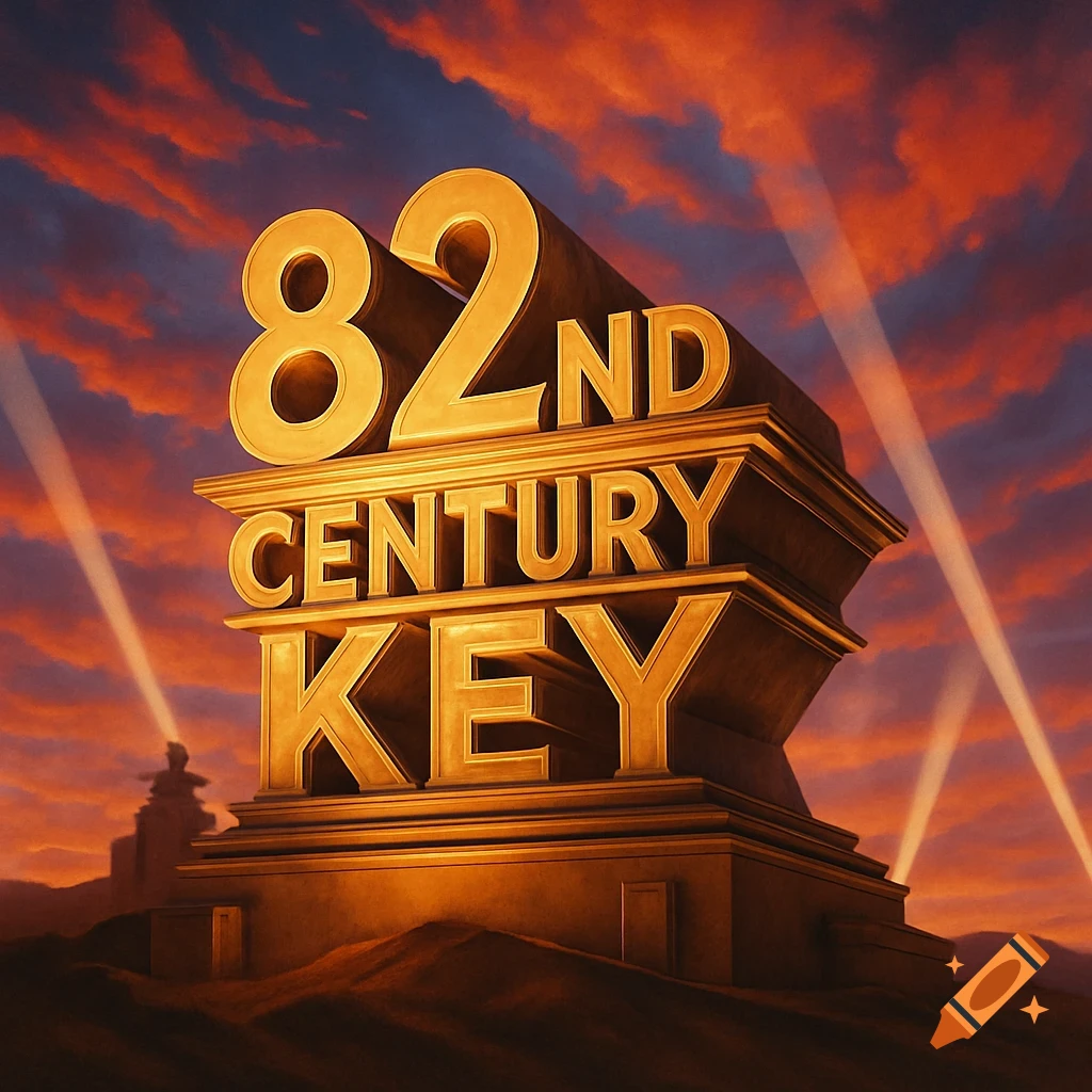 A golden 3D text structure resembling the 20th Century Fox logo, displaying '82ND CENTURY KEY' against a dramatic sunset sky with searchlights.