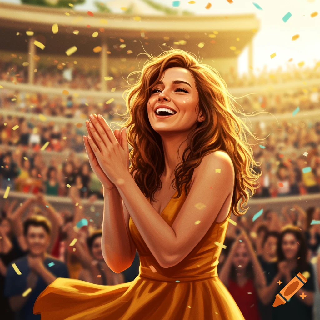 A happy woman with flowing hair claps in a sunlit stadium as confetti falls, surrounded by a cheering crowd, in a vibrant digital art style.