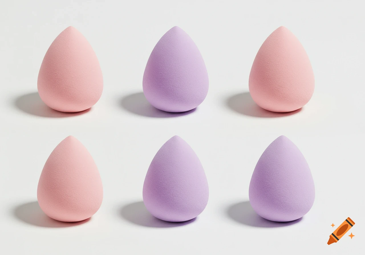 Six pink and lavender teardrop-shaped makeup sponges arranged in a grid on a white background, studio shot.