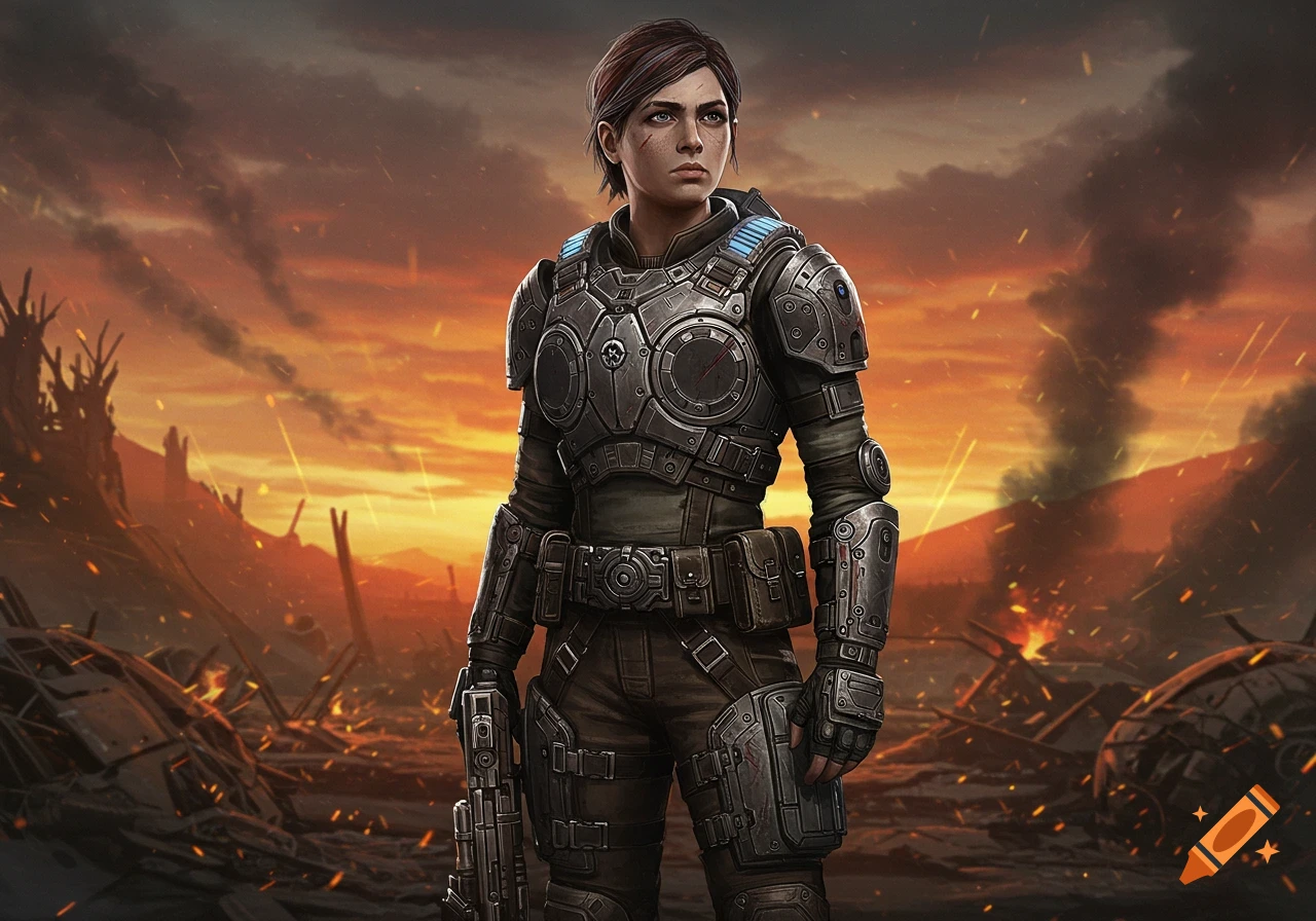 A female soldier in dark gray futuristic armor holds a rifle in a destroyed, burning landscape with an orange sky.