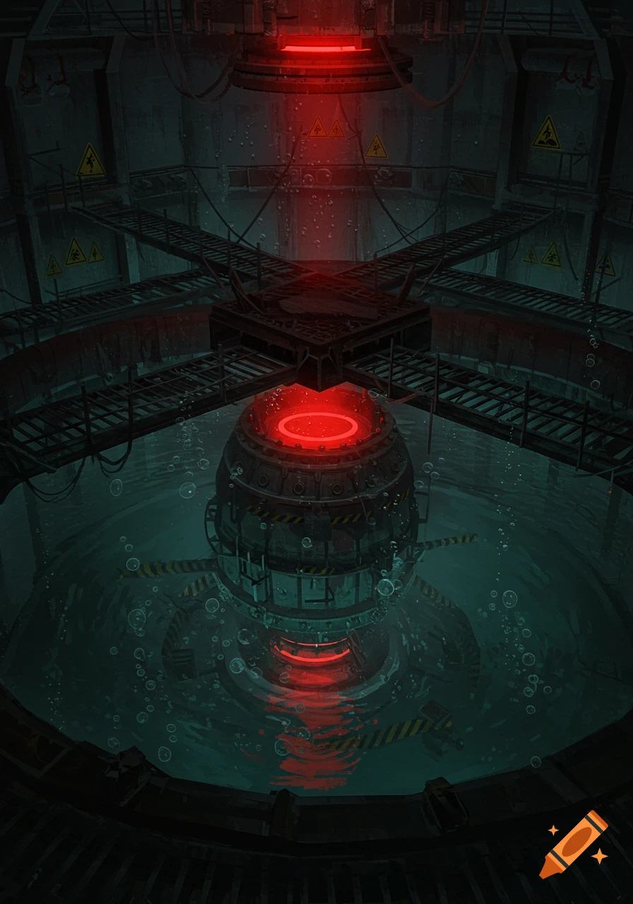 A dark, creepy reactor core submerged in water, illuminated by a dim red light, with industrial structures and warning signs.