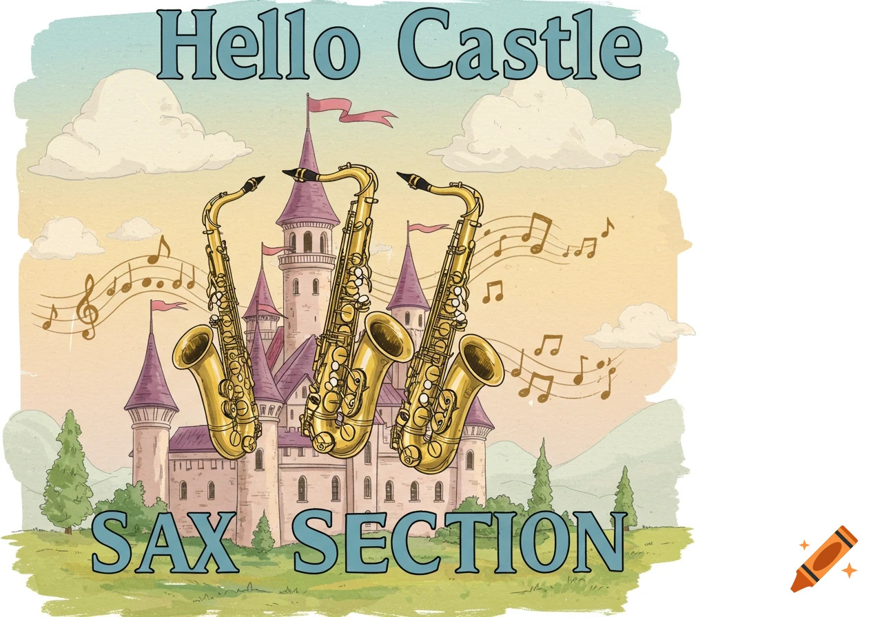 A cartoon illustration of a castle with three golden saxophones and musical notes floating around. Text reads 'Hello Castle SAX SECTION'.