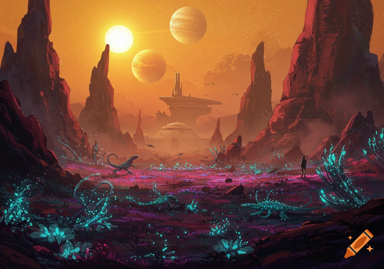 Vibrant alien landscape with red rock formations, glowing blue plants, alien creatures, and a lone figure under a multi-sun orange sky with a futuristic base.