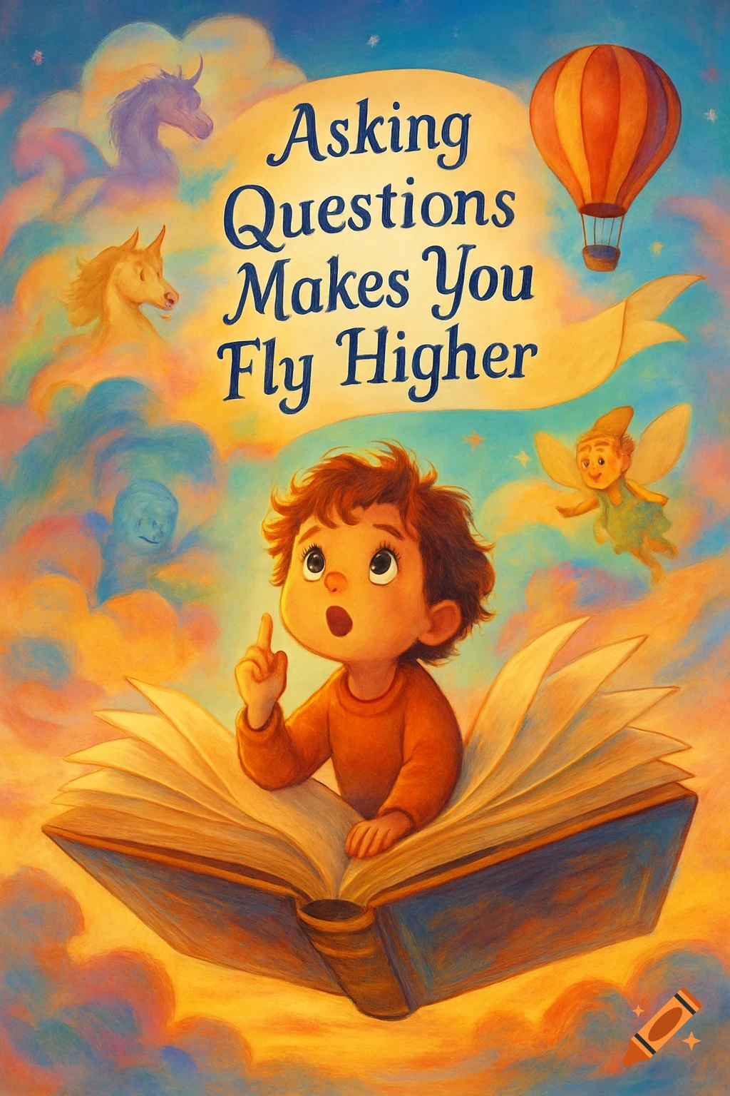 A whimsical illustration of a child sitting in an open book flying through a sky filled with unicorns, a fairy, and a hot air balloon. The text reads, "Asking Questions Makes You Fly Higher."