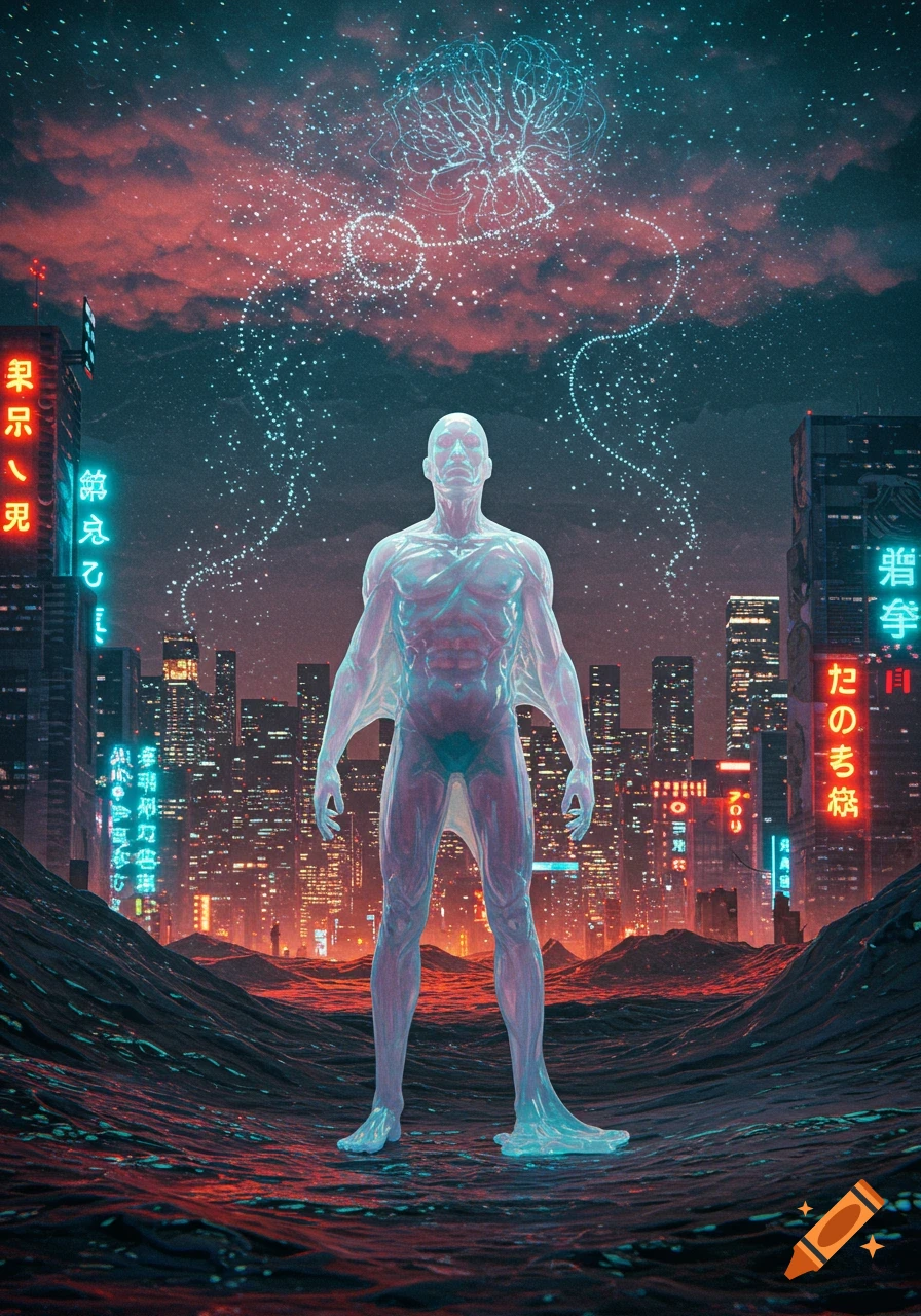 A glowing, translucent human figure stands in a neon-lit cyberpunk city under a starry sky with a floating brain-like structure.