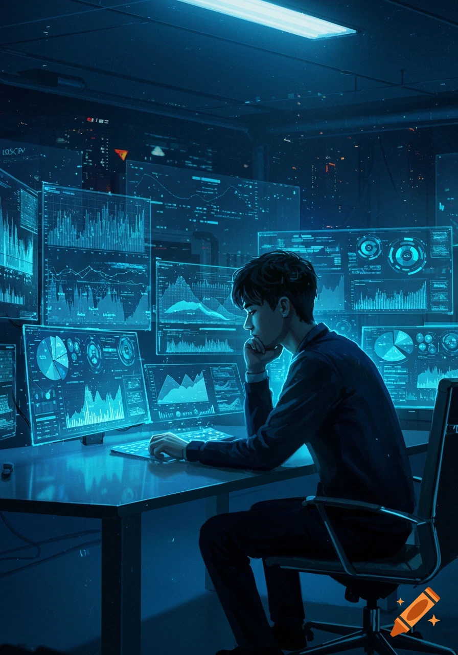 A person in a dark, blue-lit room works at a desk, surrounded by multiple glowing screens displaying charts and data.