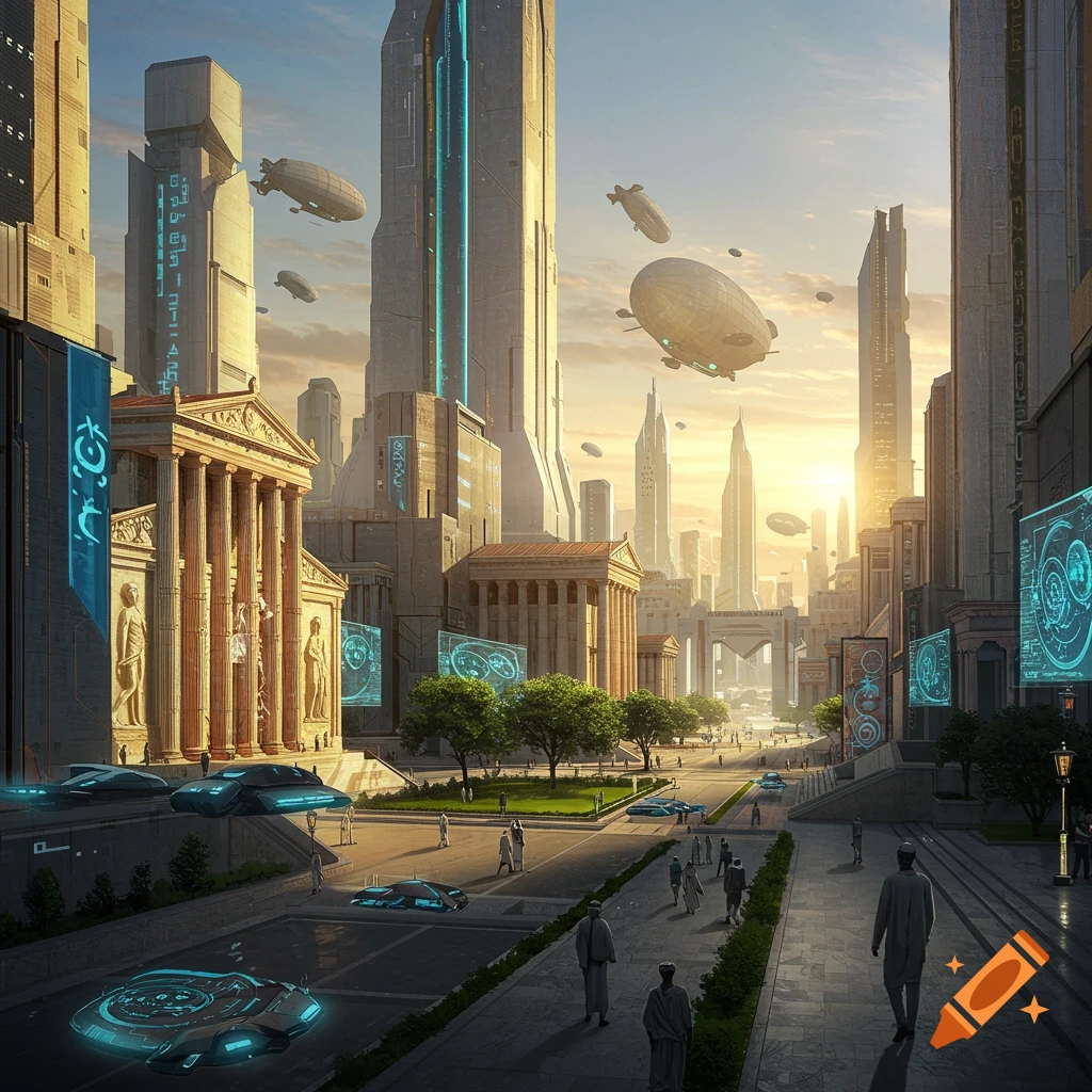 A futuristic city with ancient Greek-style buildings mixed with modern skyscrapers, flying blimps, and sleek vehicles on the street at sunset.