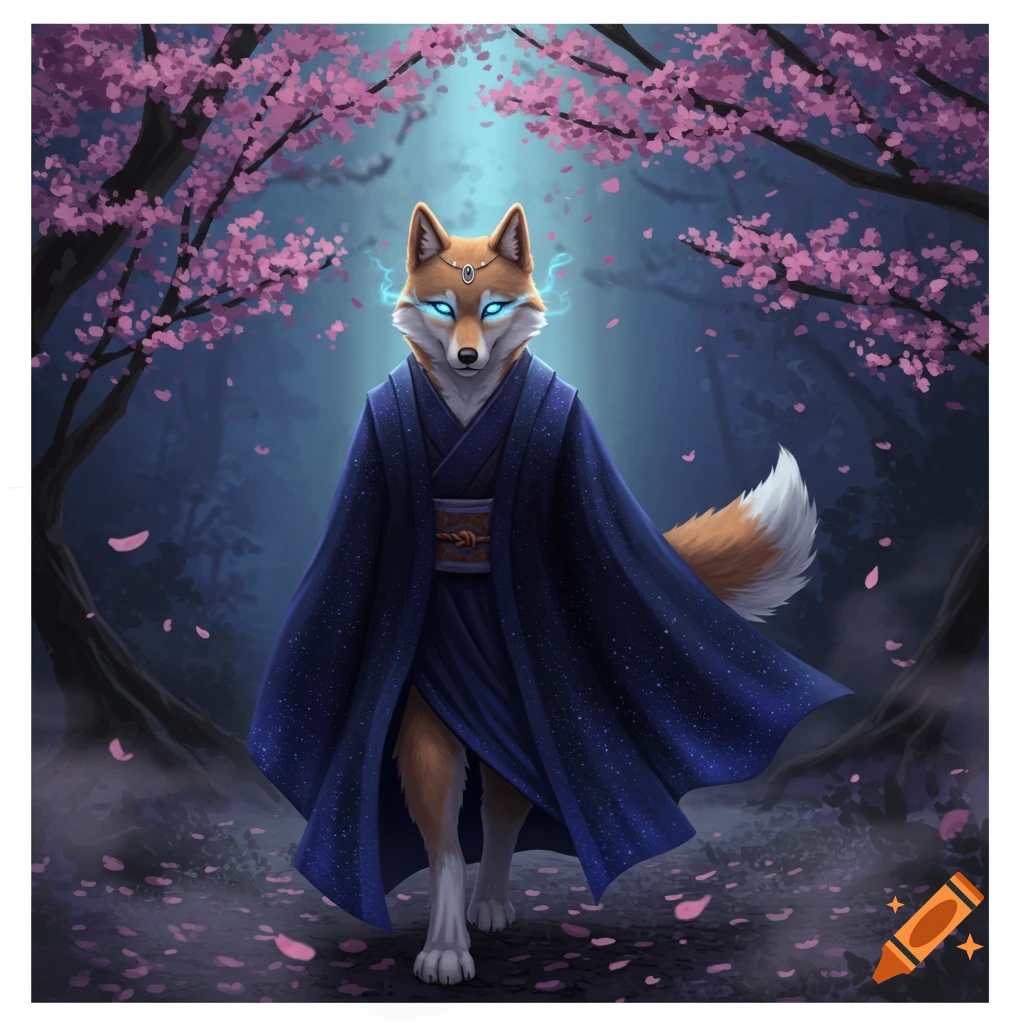 A fox-like creature with glowing blue eyes and a dark blue robe stands in a mystical cherry blossom forest at night.