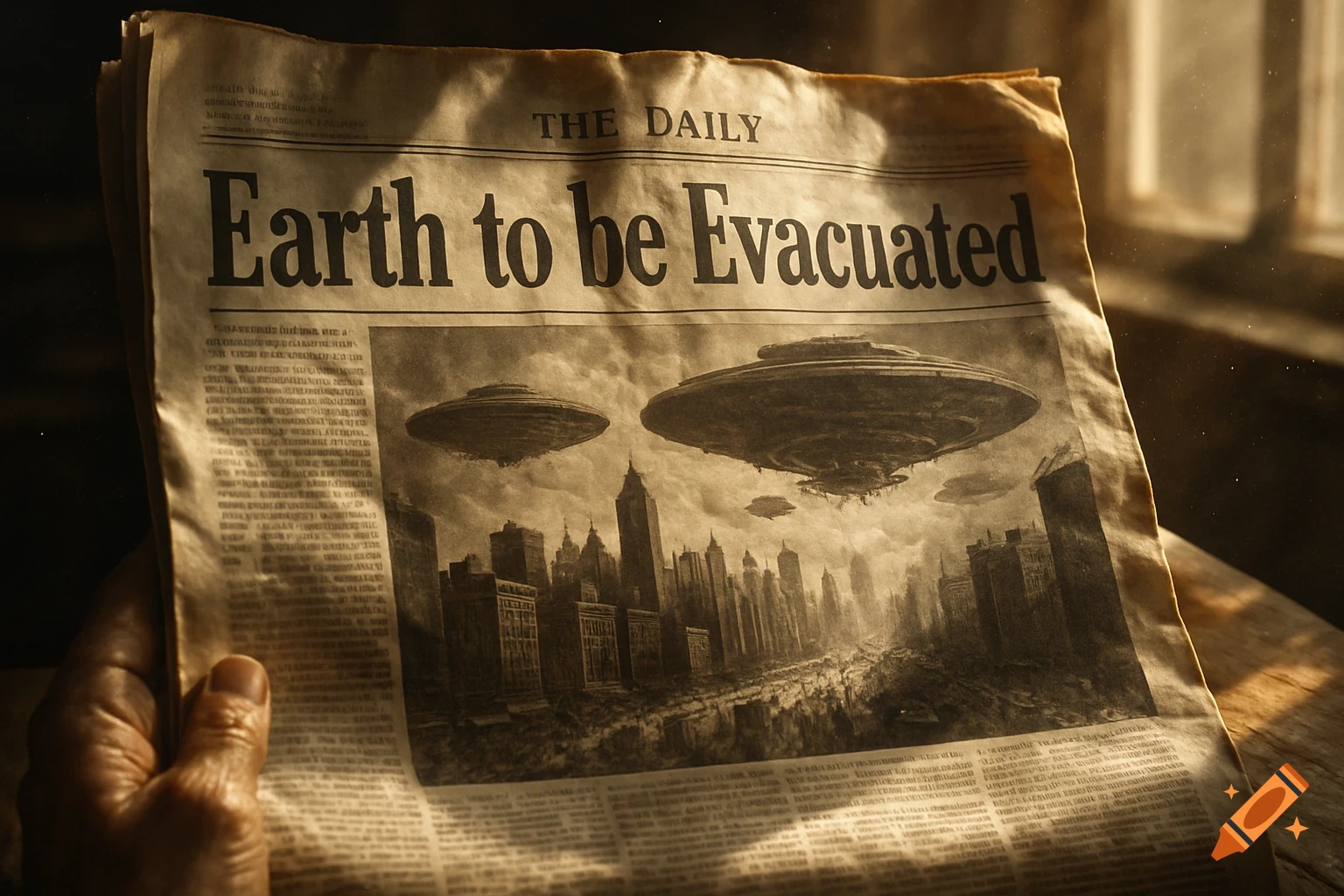 A hand holds an old newspaper with the headline 'Earth to be Evacuated' over an illustration of UFOs flying over a city, in a sepia tone.