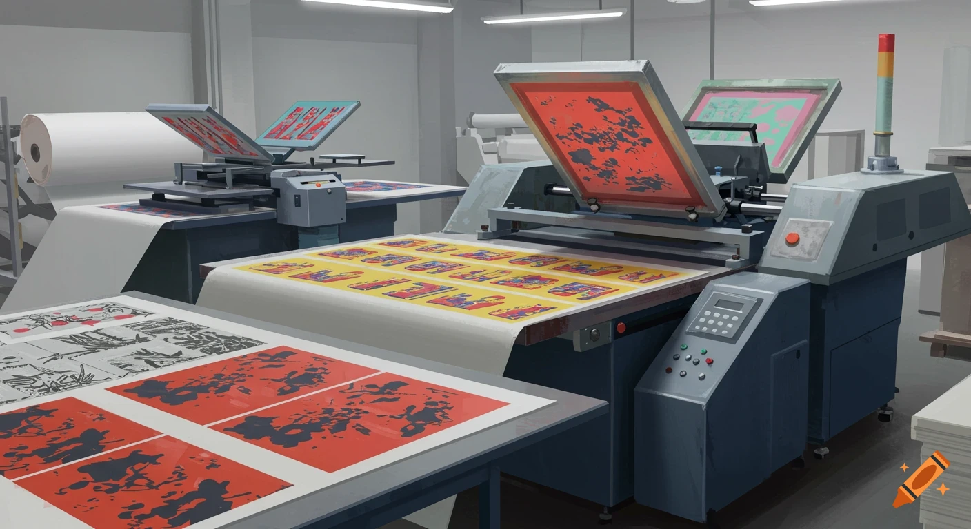 An industrial silk screen printing workshop with multiple machines producing colorful prints on paper and fabric.